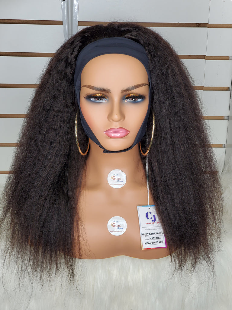 CJ Collection KINKY STRAIGHT 18" 100% Virgin Human Hair HEADBAND Wig - Natural Color